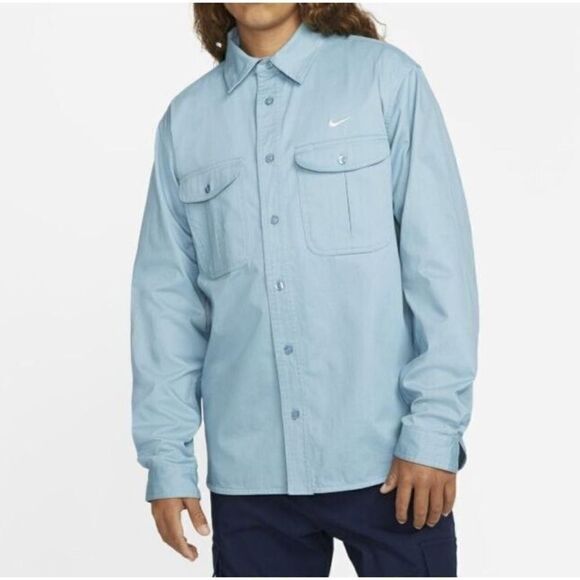 Nike SB DQ6287 494 Unisex Sz Small Worn Blue Woven Skate L/S Button-Up Shirt - Picture 1 of 7